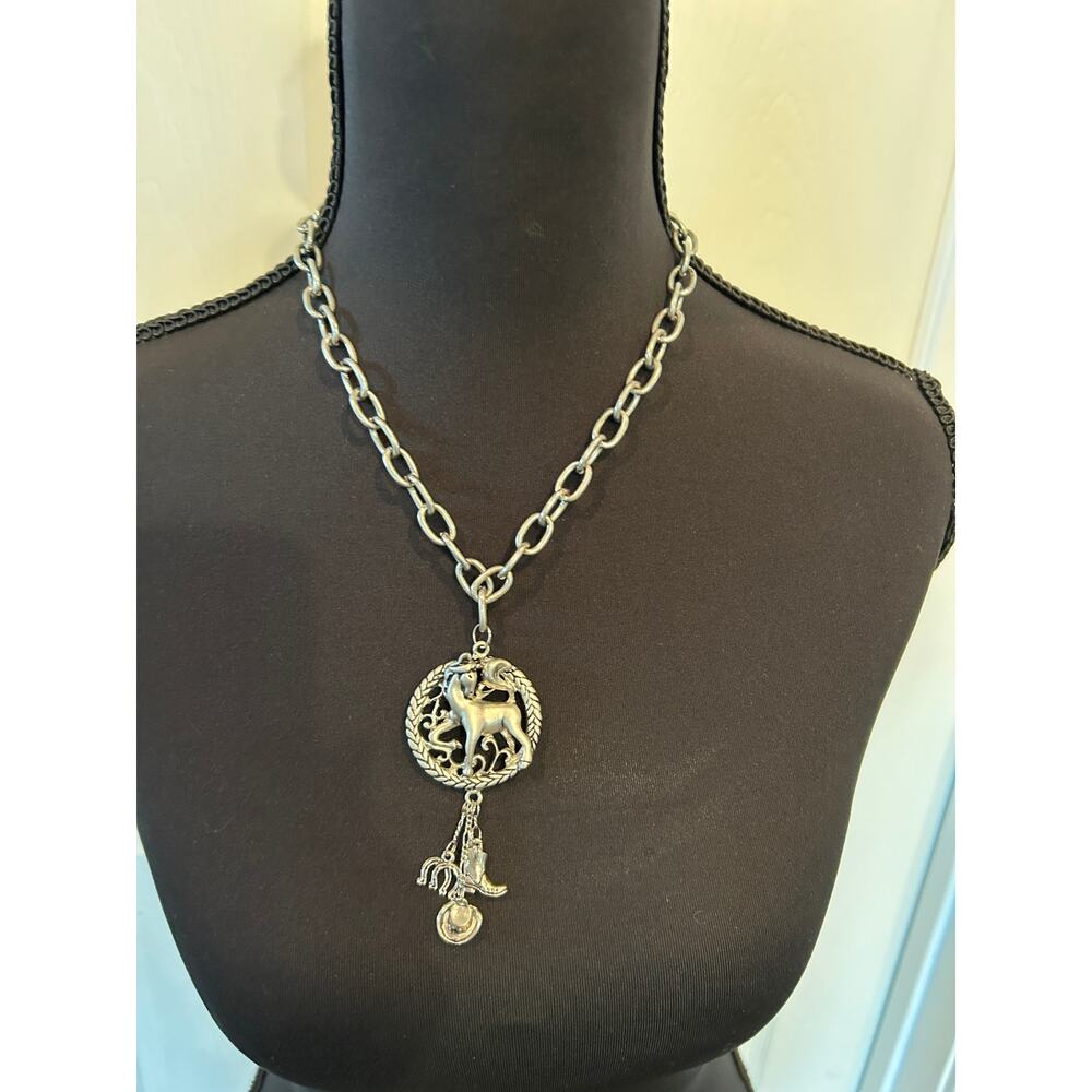 Vintage Western Horse Medallion Necklace - Chunky Silver Chain with Horse Charms